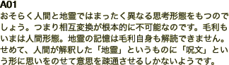 A01 おそらく人間と地霊ではまったく異なる思考形態をもつのでしょう。つまり相互変換が根本的に不可能なのです。毛利もいまは人間形態。地霊の記憶は毛利自身も解読